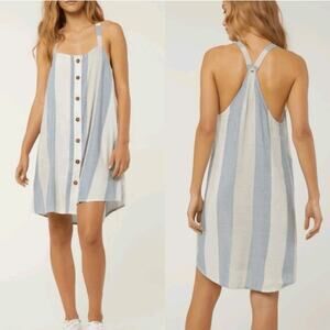 O’NEILL Drew Size S Linen Blue & White Striped Button Dress Summer Cool Festival